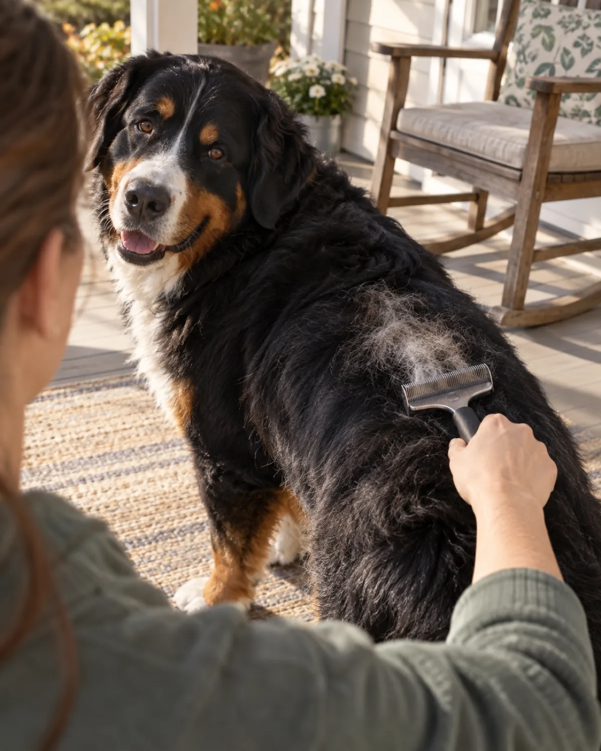 a large sturdy tricolor-coated dog with black body, rust eyebrows and legs, and white chest standing on a front porch with a rocking chair, a person running a de-shedding tool down its back with clumps of loose undercoat coming off