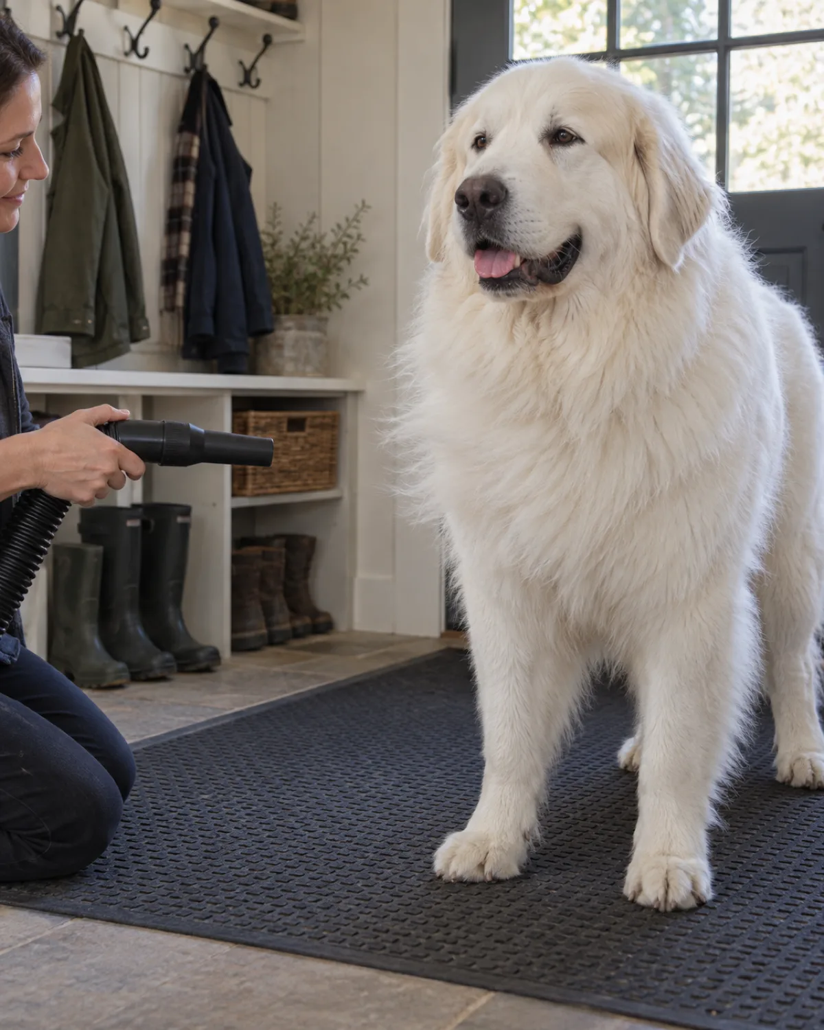 a giant solid-white long double-coated dog with a mane around the neck standing on a rubber mat in a mudroom while a person directs a high-velocity pet dryer at the chest area, thick white fur blowing back slightly