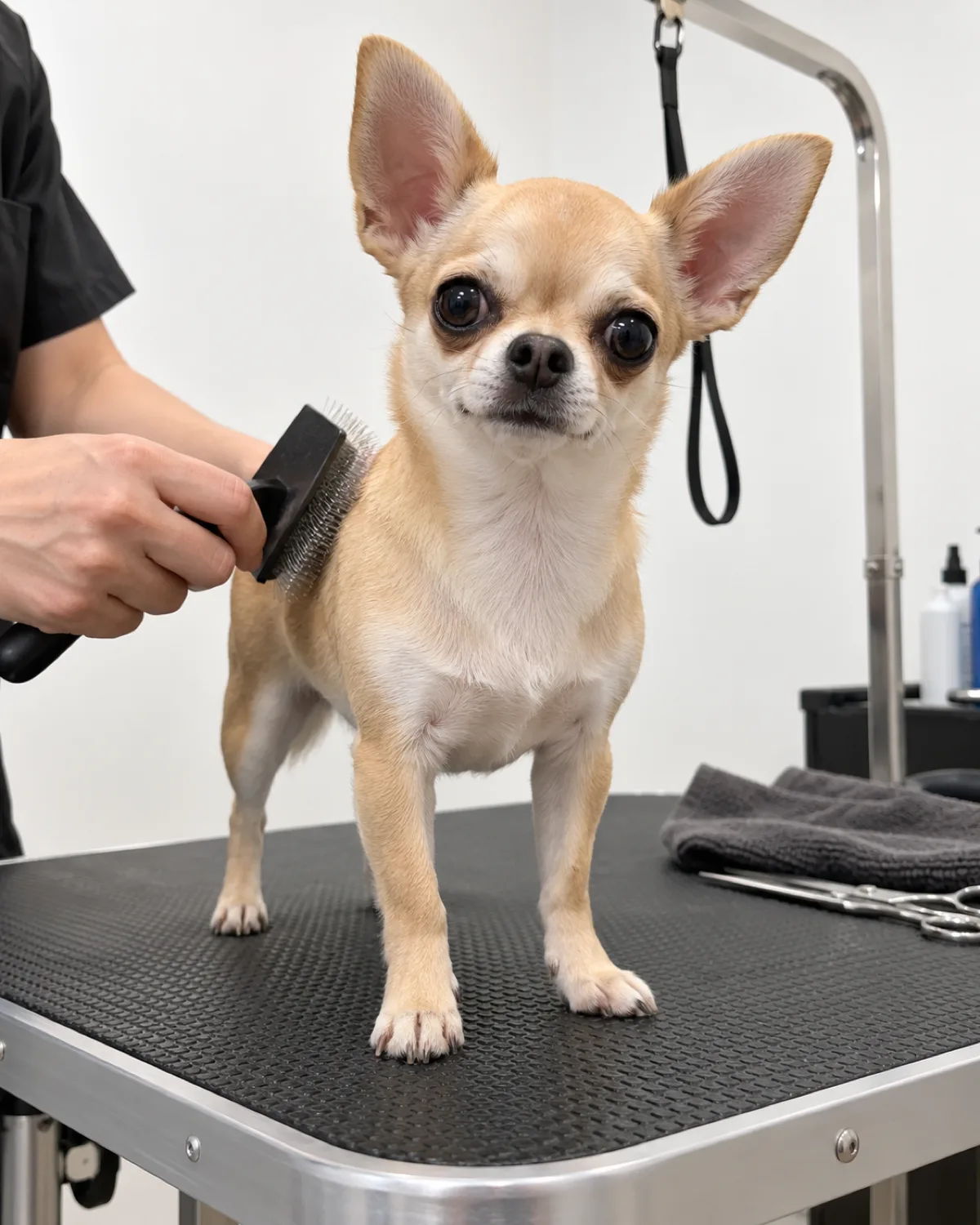 a tiny fawn-coated dog with an apple-domed head and oversized erect ears standing on a foldable grooming table with a non-slip rubber surface and a grooming arm with loop visible behind