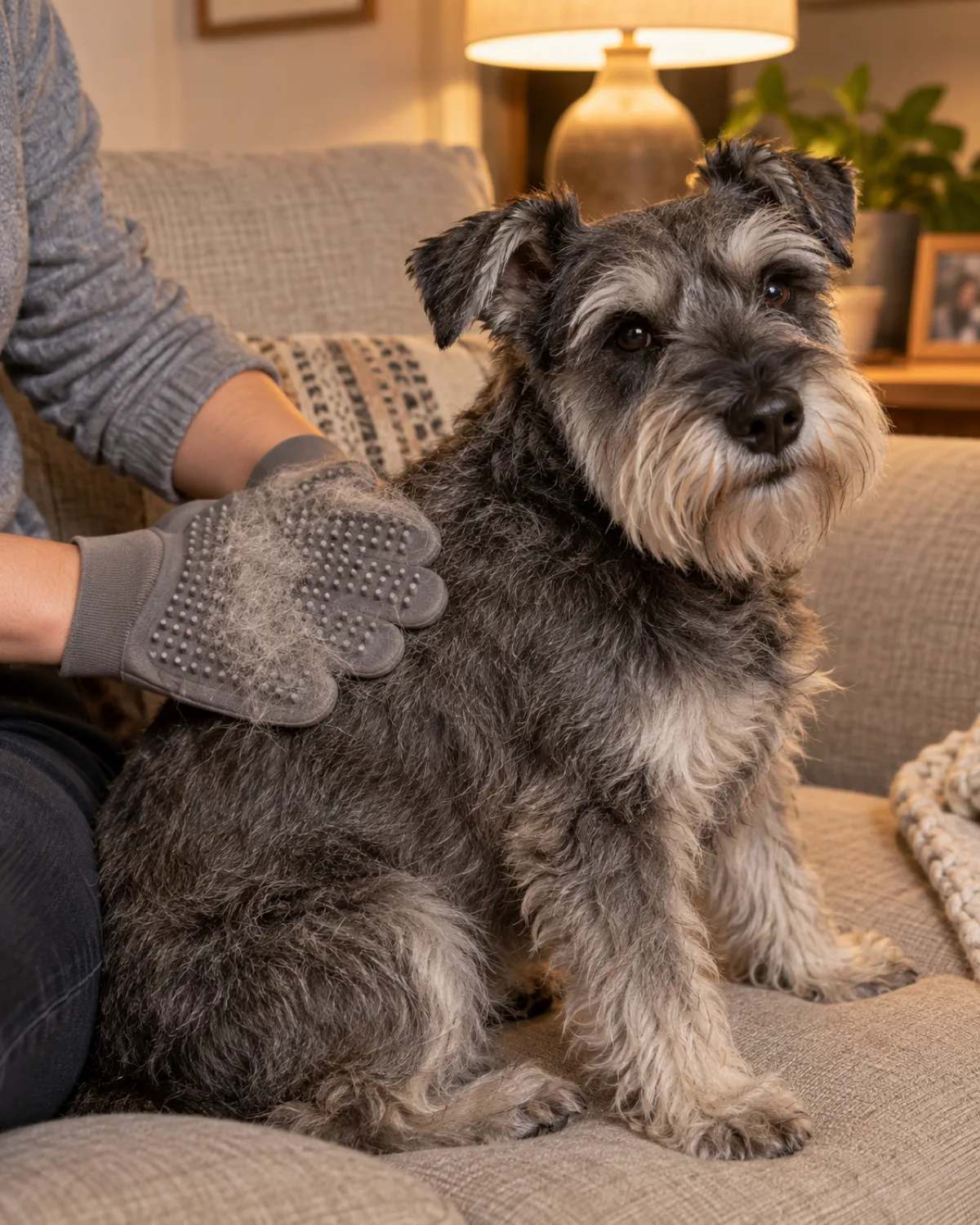 a small square wiry salt-and-pepper grey-coated dog with bushy eyebrows and beard sitting on a linen couch in a living room, a person wearing a grey silicone grooming glove stroking the dog's back with loose hairs clinging to the nubs