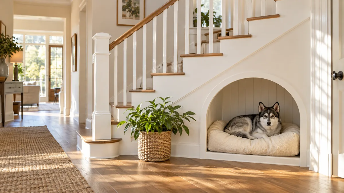 a grey-and-white double-coated dog with erect triangular ears curled up on a cream cushion inside a cozy arched nook beneath a white-painted wooden staircase in a bright hallway with morning sunlight
