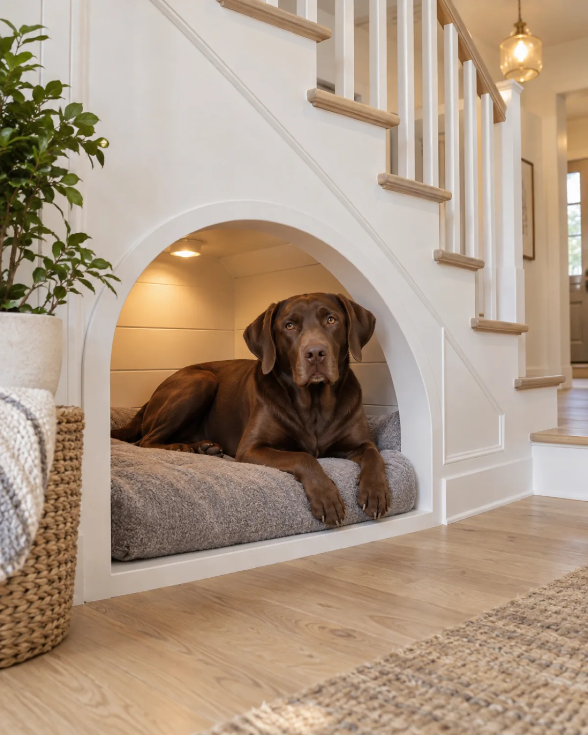 a large solid chocolate-brown short-coated dog lying comfortably inside an arched cave-like space cut into the underside of a white-painted staircase with a soft grey padded bed inside and warm pendant light above