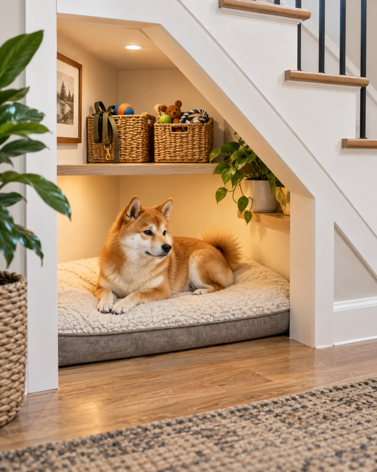 a small compact orange-red double-coated dog with erect ears and a curled tail lounging on a thick mat under modern open shelving beneath a staircase with woven storage baskets on upper shelves