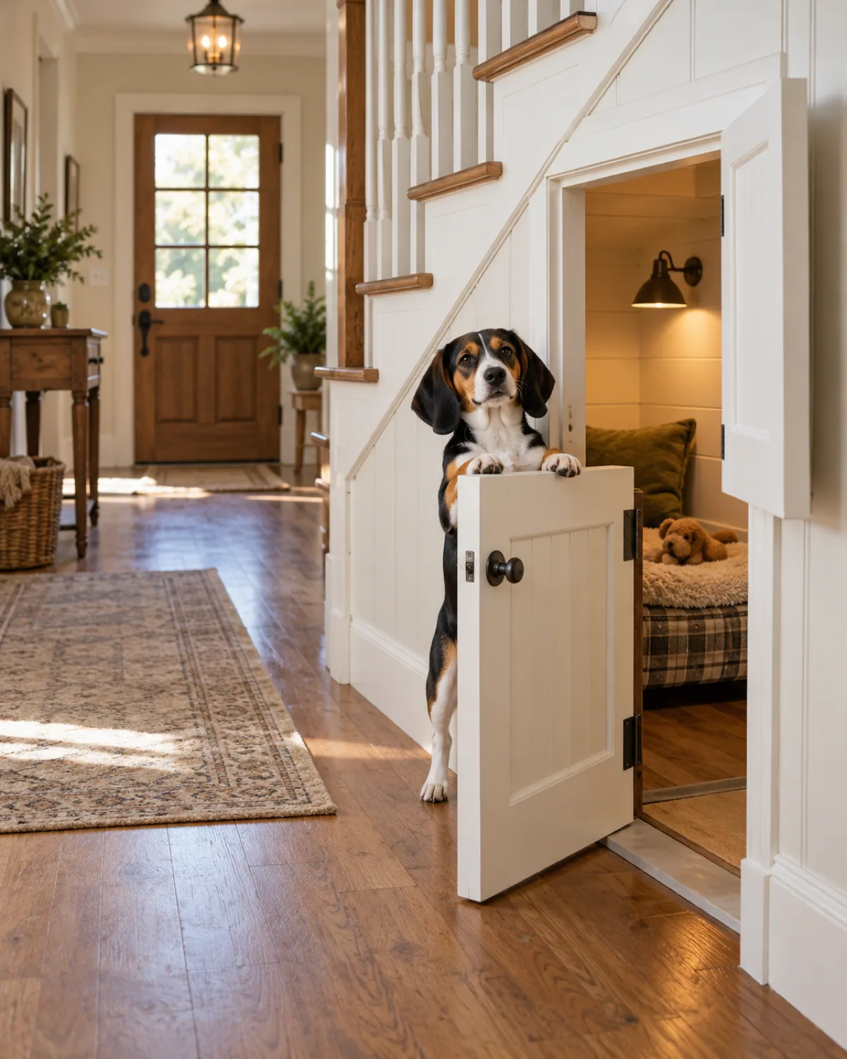 a small sturdy tricolor hound with long floppy ears standing on hind legs with front paws on a half-height Dutch door peering over the top of an under-stairs opening in a farmhouse hallway