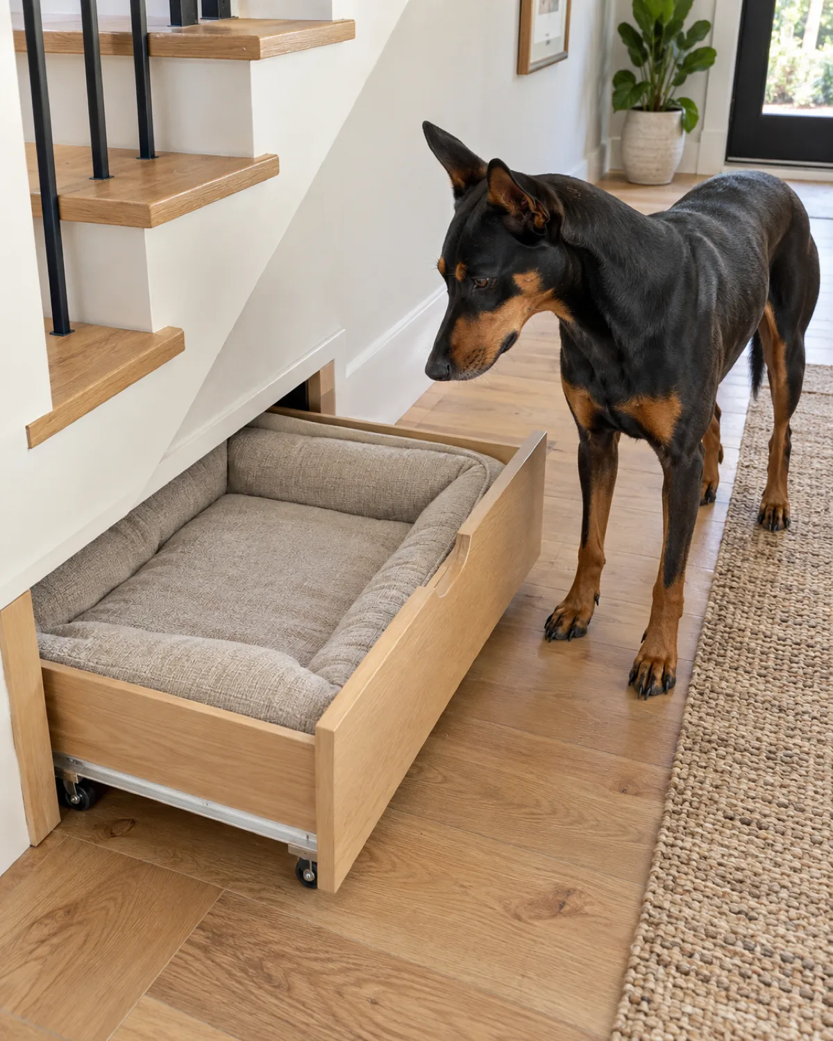 a large lean muscular black-and-tan dog with upright ears watching a padded pull-out drawer on casters sliding out from under the lowest stair treads in a clean modern hallway