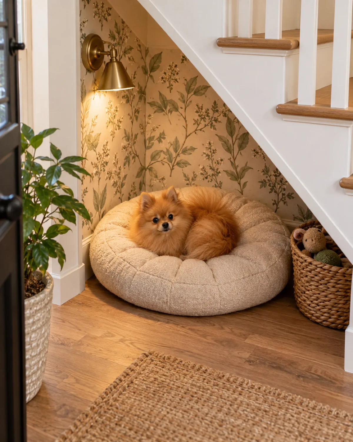 a tiny fluffy orange double-coated dog curled up on a round tufted cushion under a staircase with the triangular wall covered in soft botanical wallpaper and a decorative wall sconce