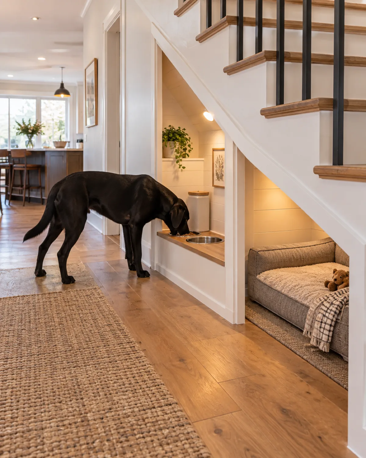 a large athletic solid-black short-coated dog eating from embedded bowls in one side of an under-stairs nook while the other side has a large orthopedic bed