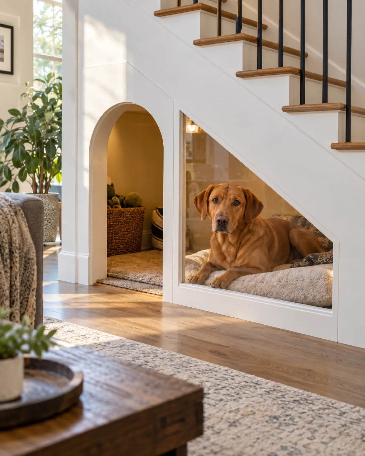 a medium-large sleek rusty golden-brown short-coated dog lying on a cushion inside an under-stairs nook looking out through a small clear acrylic panel set into the staircase side with afternoon sunlight
