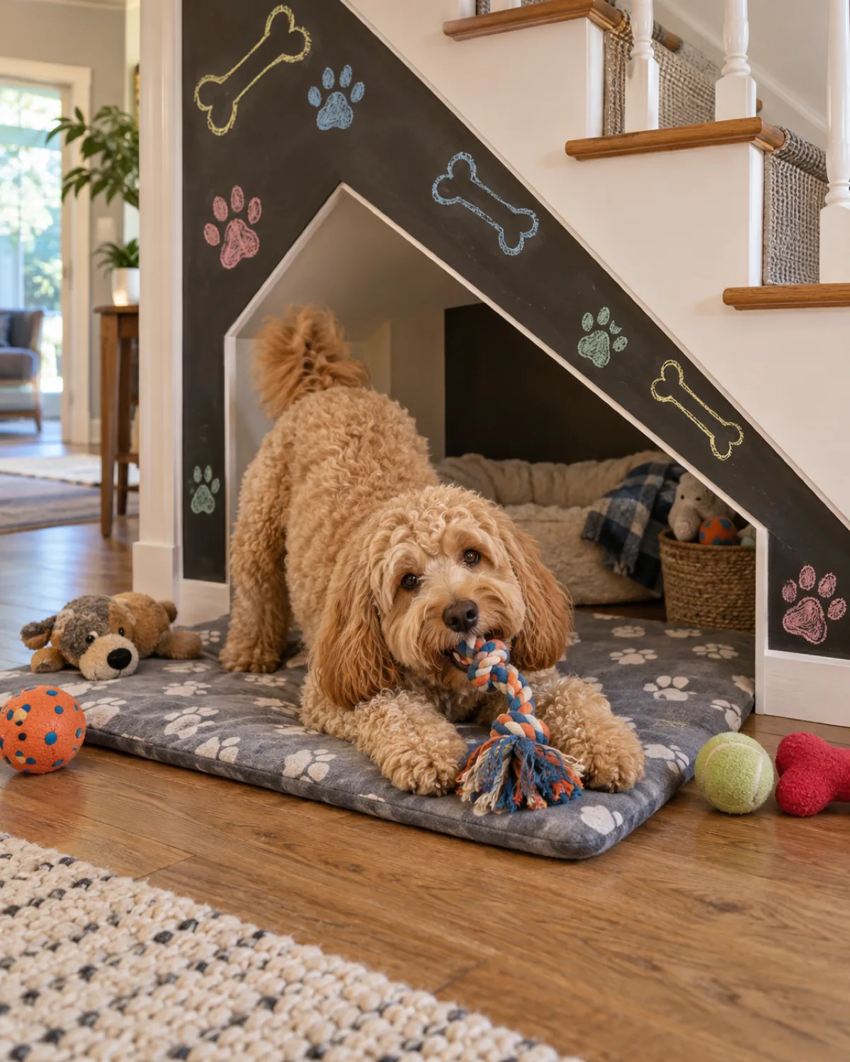 a medium shaggy apricot-coated dog with a teddy-bear face playing with a rope toy on a waterproof mat under stairs with the wall painted in chalkboard paint covered in colorful chalk drawings of bones and paw prints