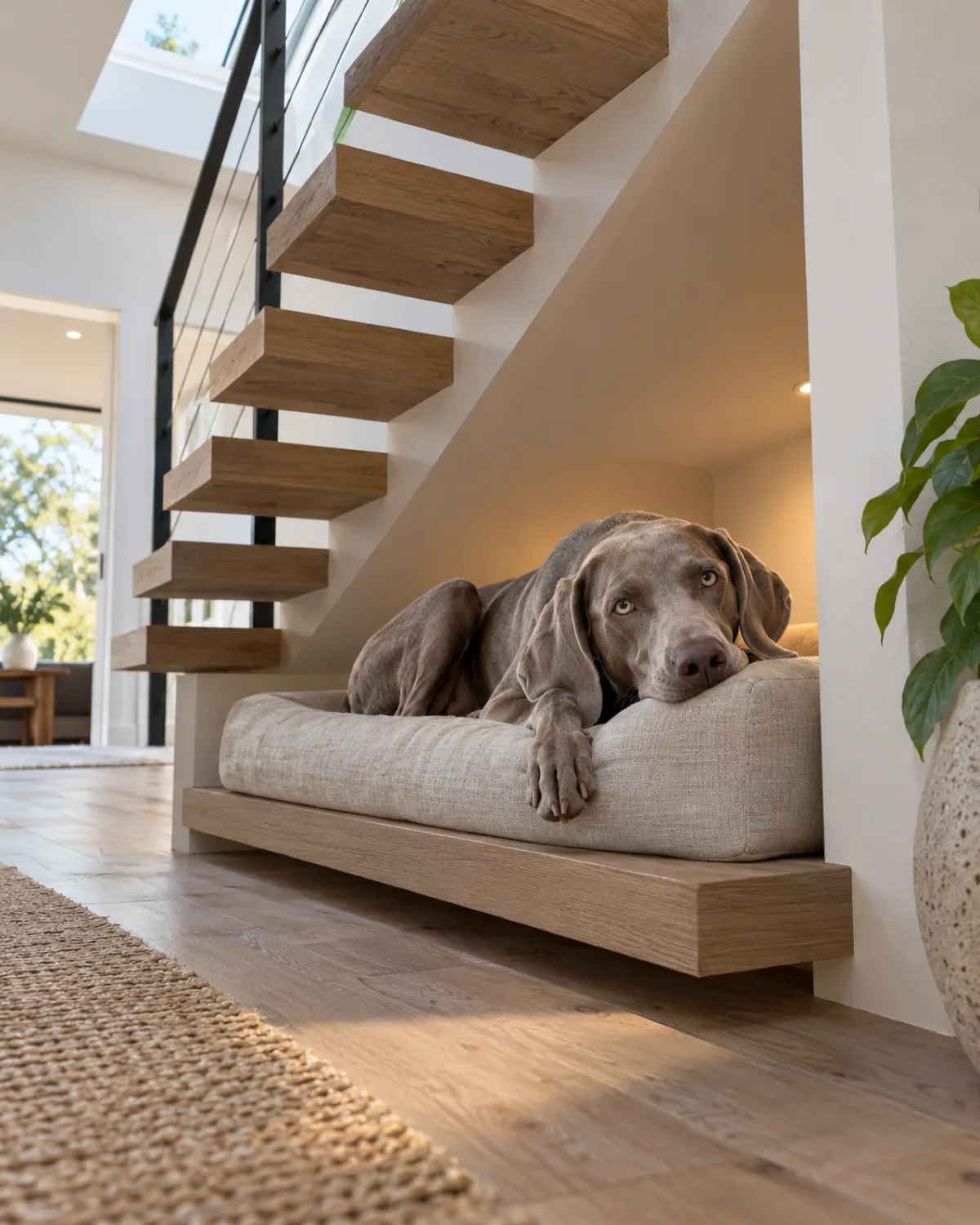 a large sleek silver-grey short-coated dog resting its chin on a three-sided bolster cushion in neutral linen on a floating wood platform under minimalist floating stairs with soft skylight light