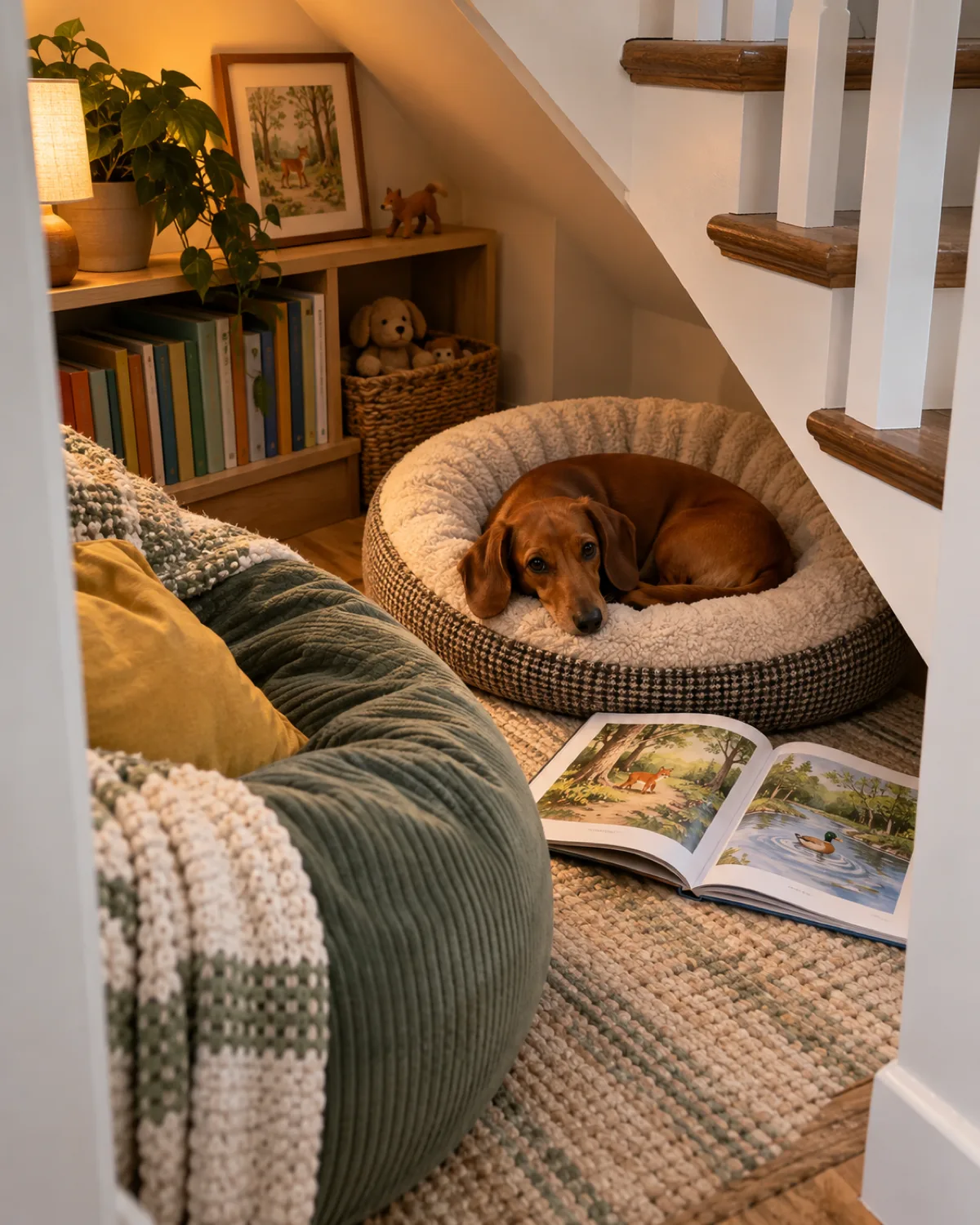 a small solid-red smooth-coated long-bodied dog curled on a round bed beside an open picture book under stairs with a bean bag chair and small bookshelf in warm lamp light