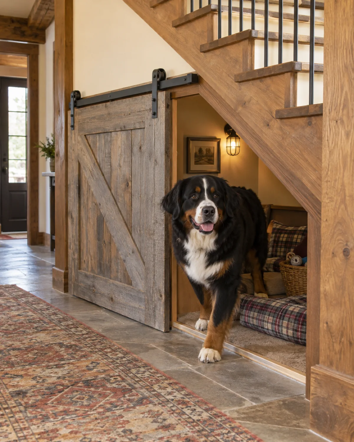 a large sturdy tricolor dog with a black body and rust eyebrows stepping through an open sliding barn door in weathered wood revealing a cozy dog bed with a plaid blanket inside an under-stairs space