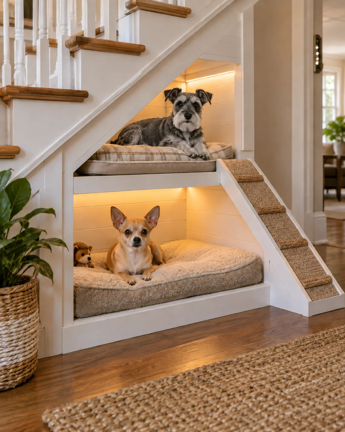a small wiry salt-and-pepper dog on the upper bunk and a tiny fawn-coated dog with oversized erect ears on the lower bunk of a two-tier white-painted wood shelf system under stairs with LED strip lighting