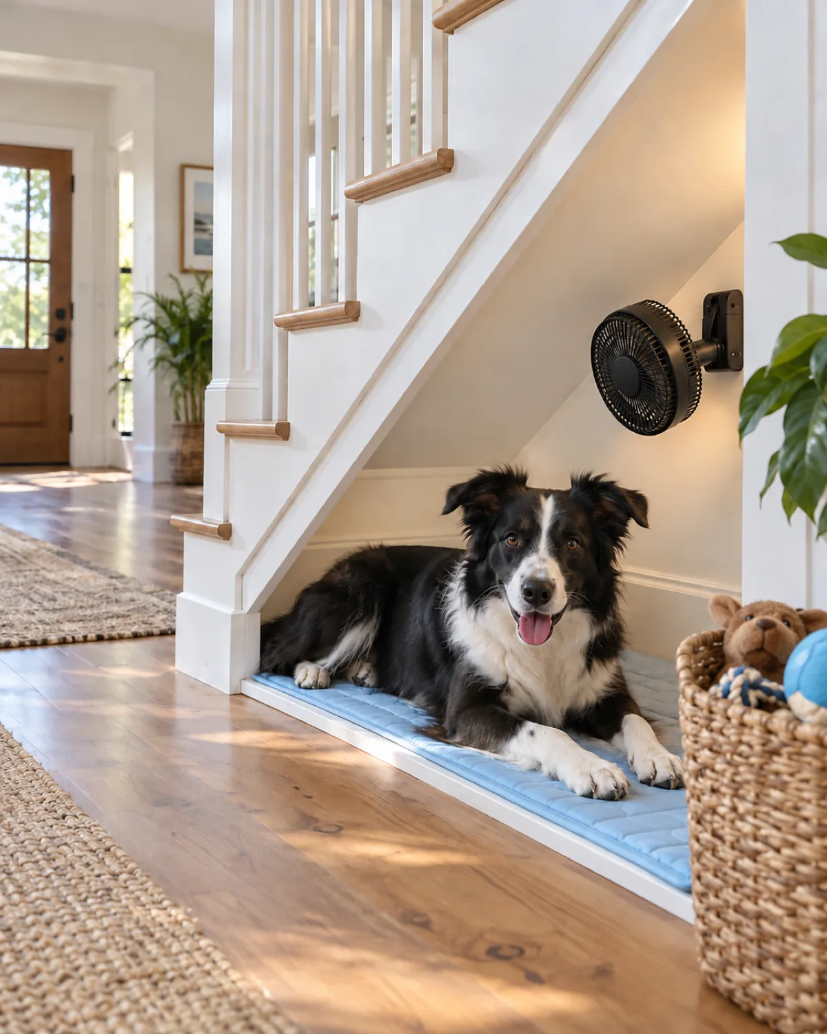a medium athletic black-and-white dog with semi-erect ears stretched out on a light cooling mat inside an under-stairs nook with a clip-on fan on the wall and a wicker toy basket beside the nook in summer afternoon light