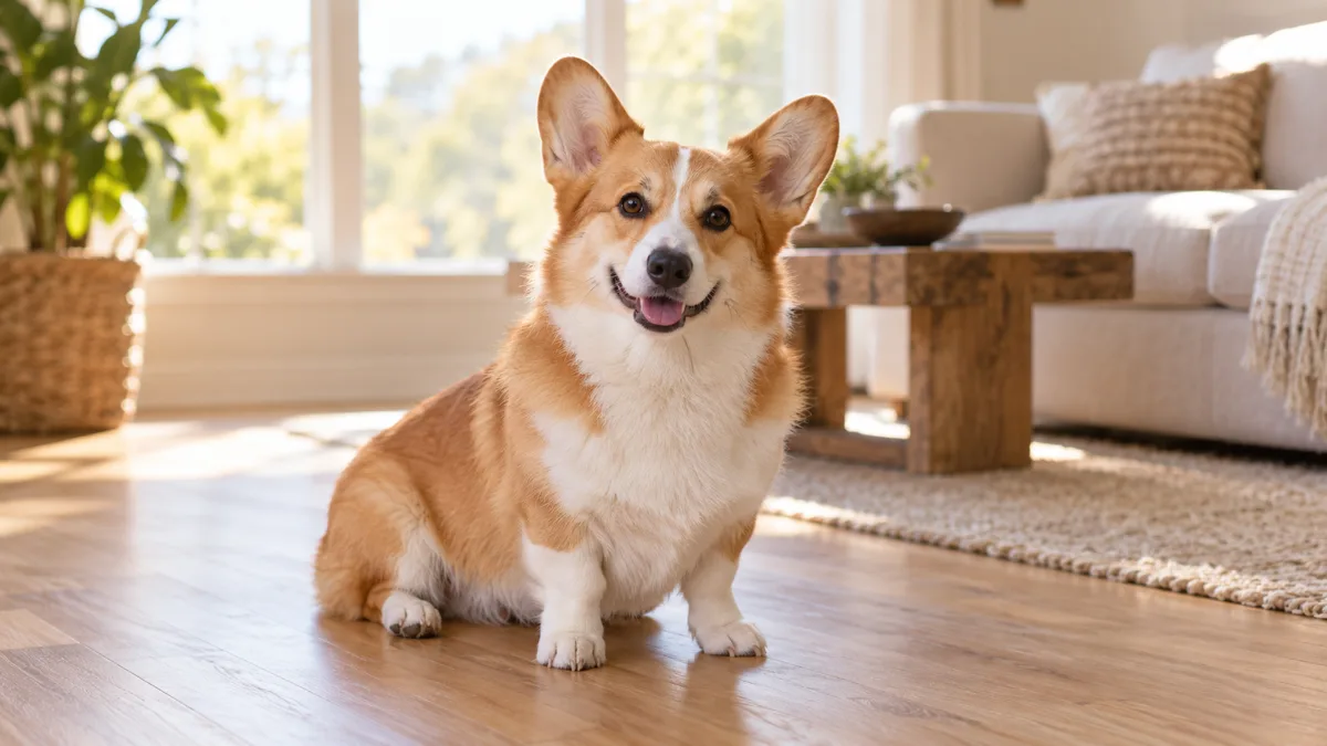 a small red-and-white dog with very short legs, a long low body and oversized erect ears sitting calmly on a light hardwood floor in a bright living room