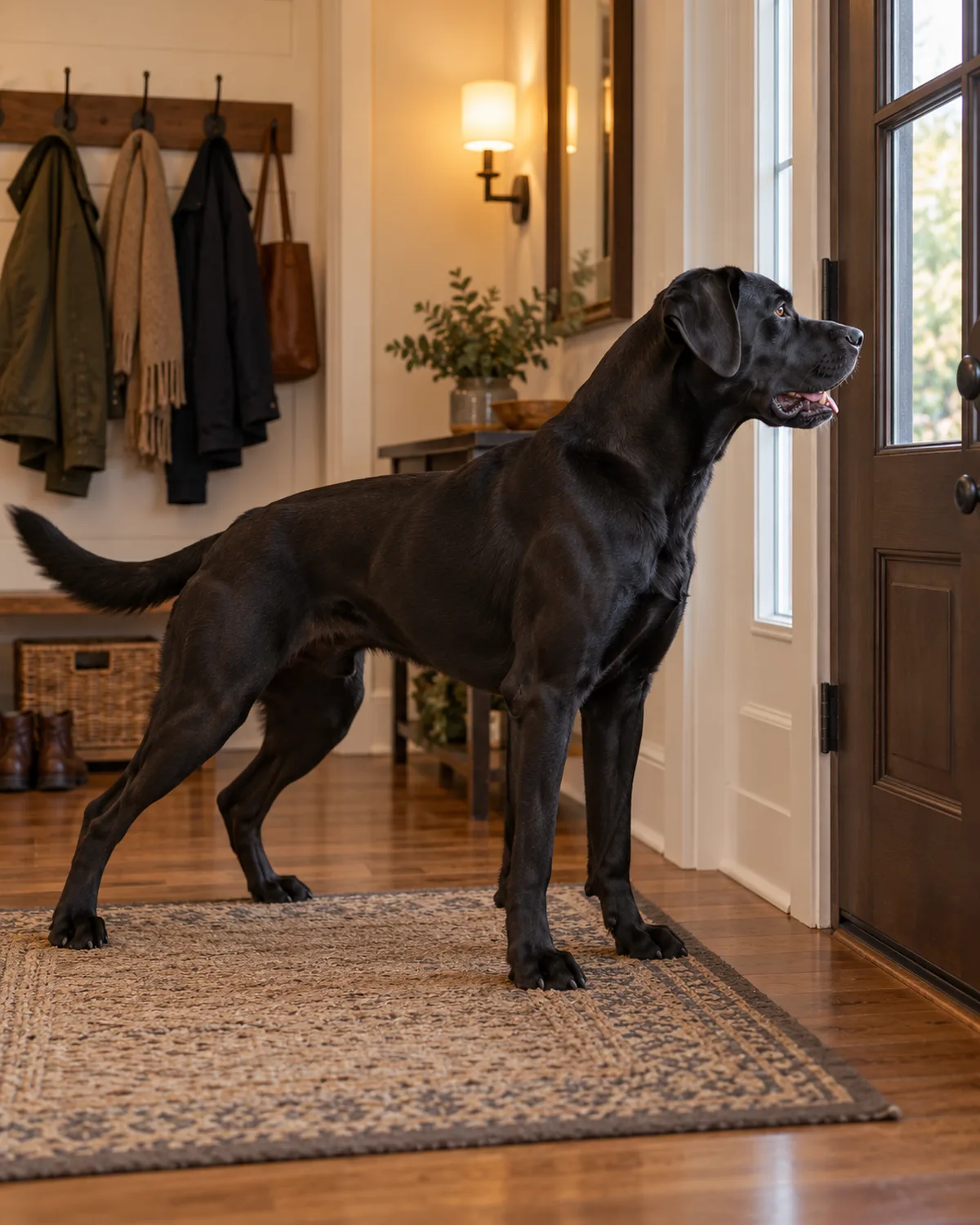 a large solid-black short-coated dog standing alert in a front entryway with ears tilted forward and body tense looking toward the front door