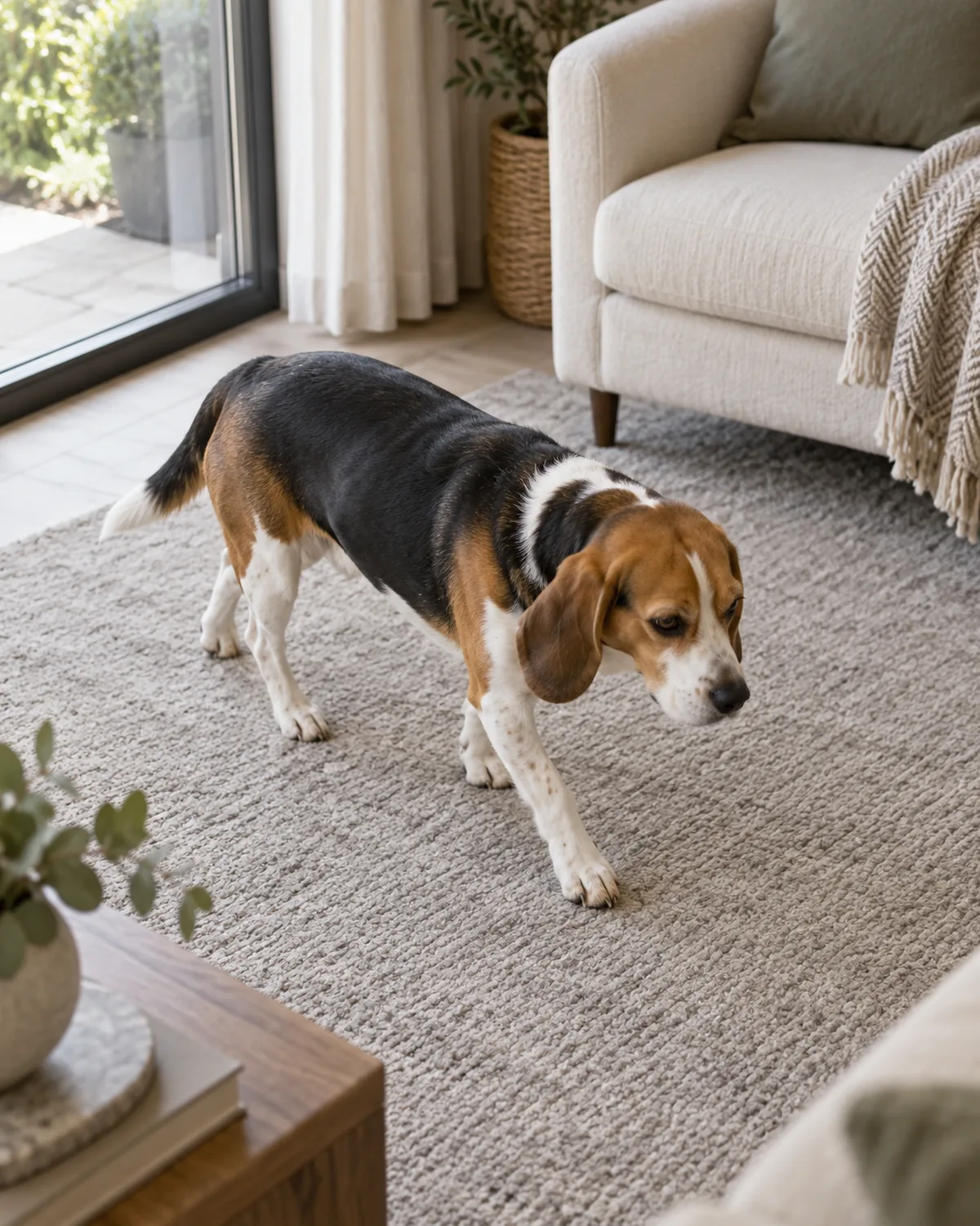 a small tricolor hound pacing on a light grey carpet with ears slightly pinned back and tail held low in a bright living room with daylight streaming in