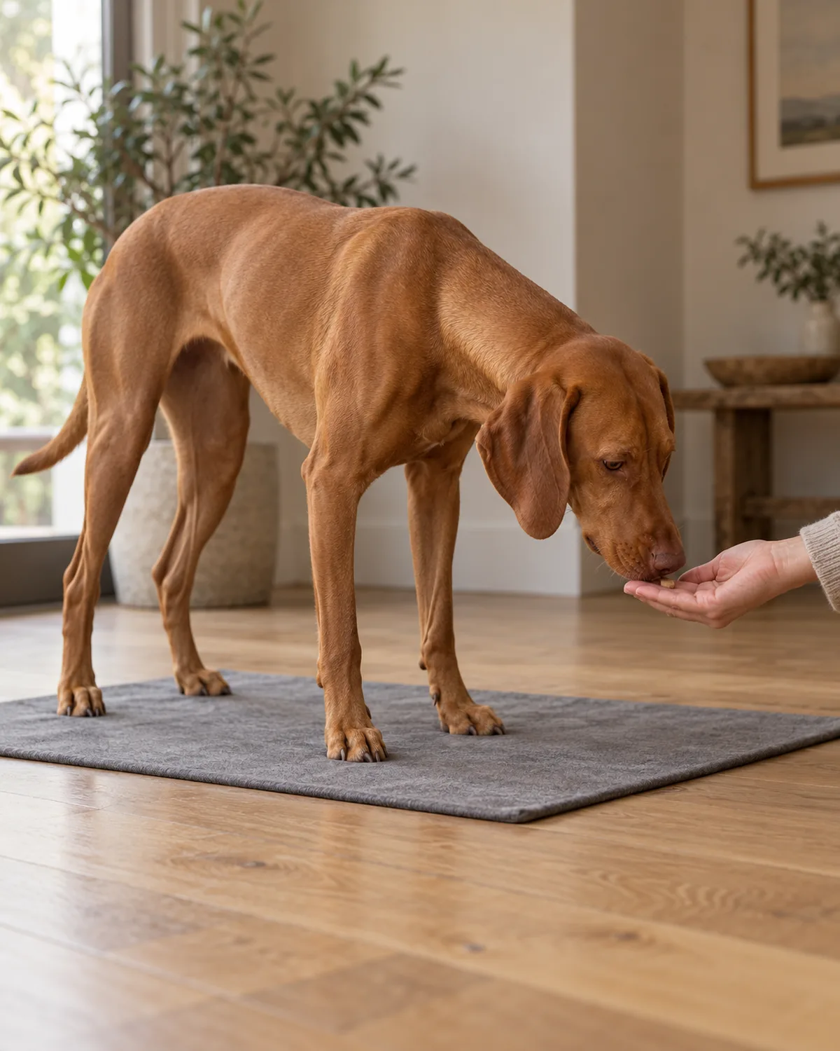 a sleek rusty golden-brown dog standing with all four paws on a flat grey training mat on a hardwood floor with head lowered to take a treat from a low hand