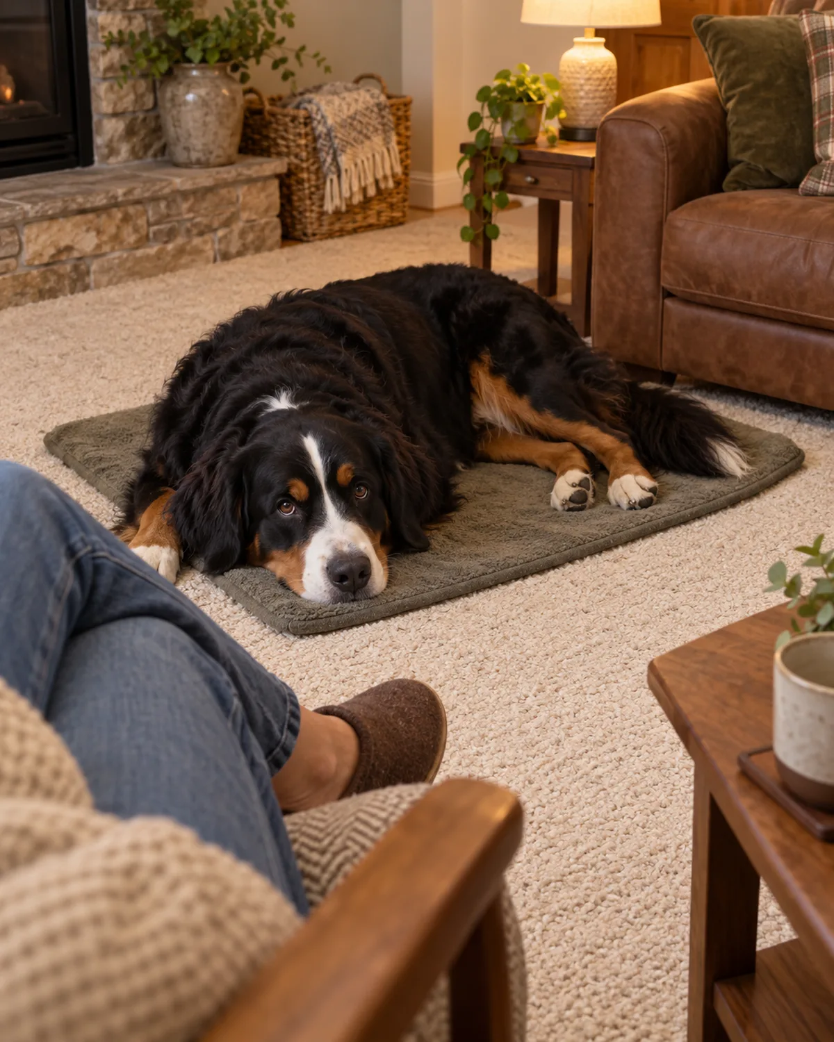 a large tricolor dog lying in a relaxed down on a training mat with hips shifted to one side while a person sits in a chair nearby visible only from the waist down