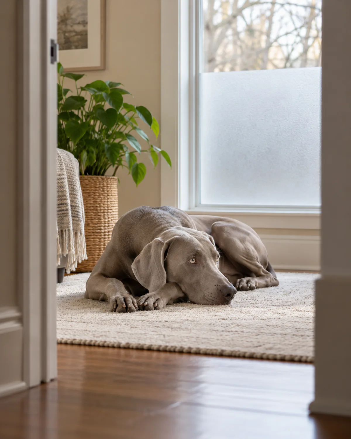 a silver-grey dog lying calmly on a light rug beside a window with frosted privacy film on the lower half in a bright room with cream walls