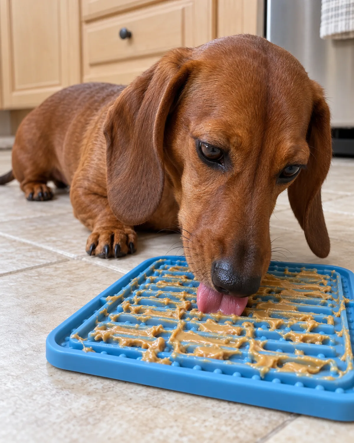 a small solid-red long-bodied dog with very short legs lying on a kitchen tile floor focused on licking a blue ridged silicone lick mat spread with peanut butter