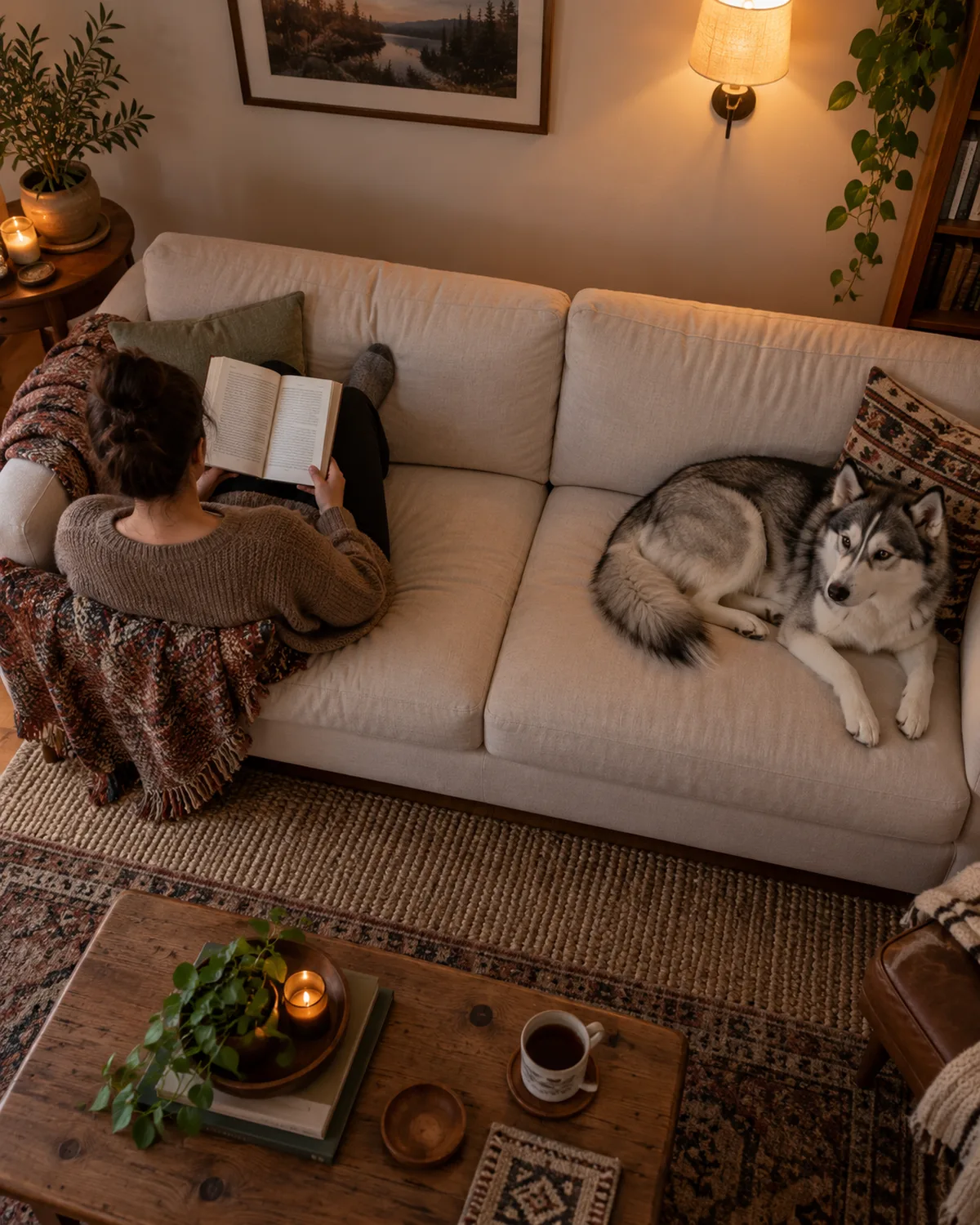 overhead view of a cream sofa scene where a person sits quietly reading with back to camera while a grey-and-white dog with erect ears lies calmly at the other end
