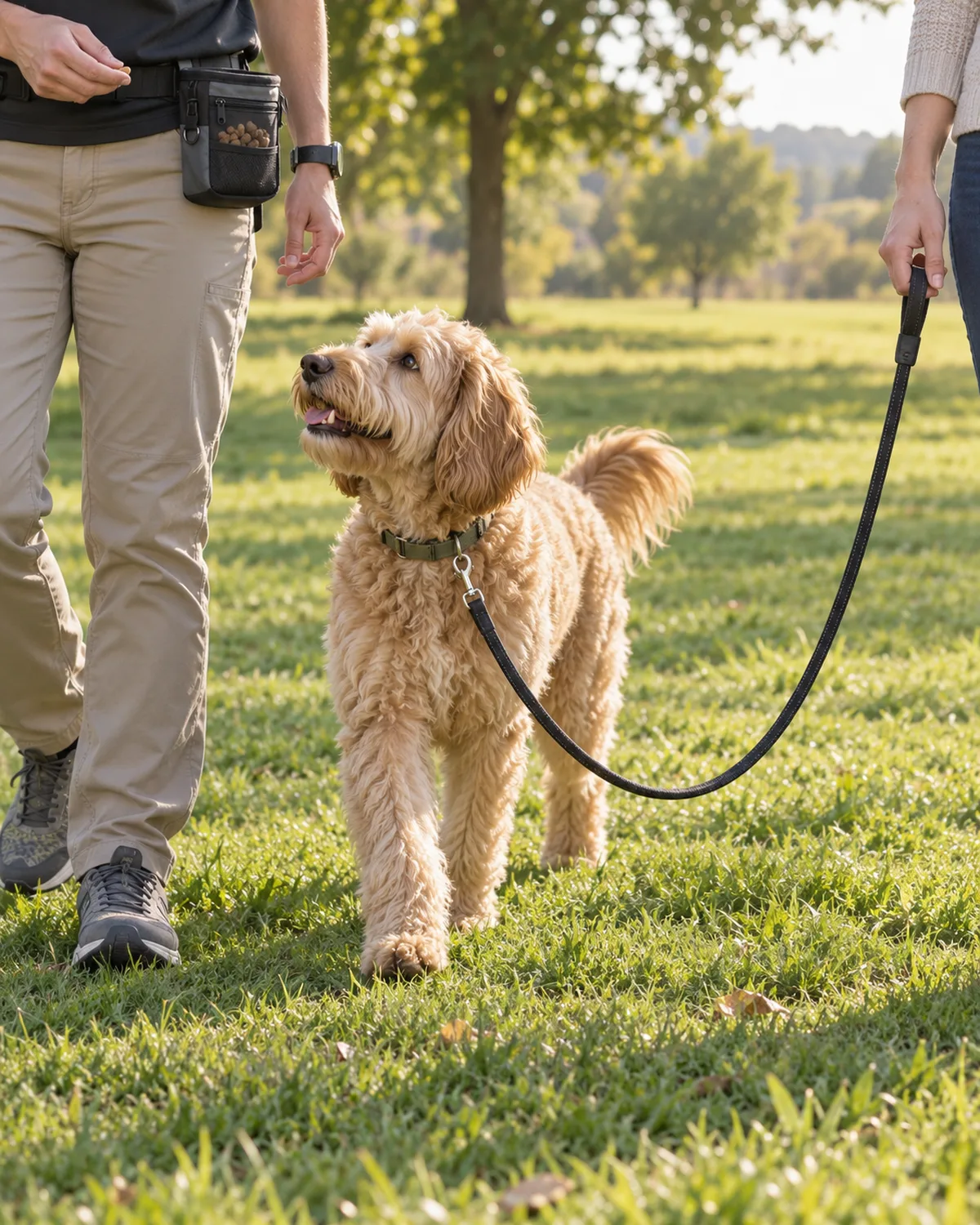 a golden shaggy dog walking on a loose leash on a grassy field beside a trainer with a treat pouch on their belt in afternoon sunlight
