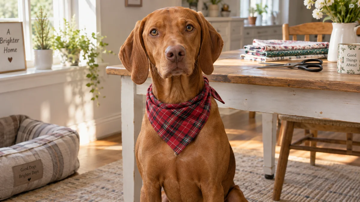 a medium rusty-golden short-coated athletic dog wearing a red plaid triangle bandana sitting beside a bright kitchen table with folded fabric and scissors