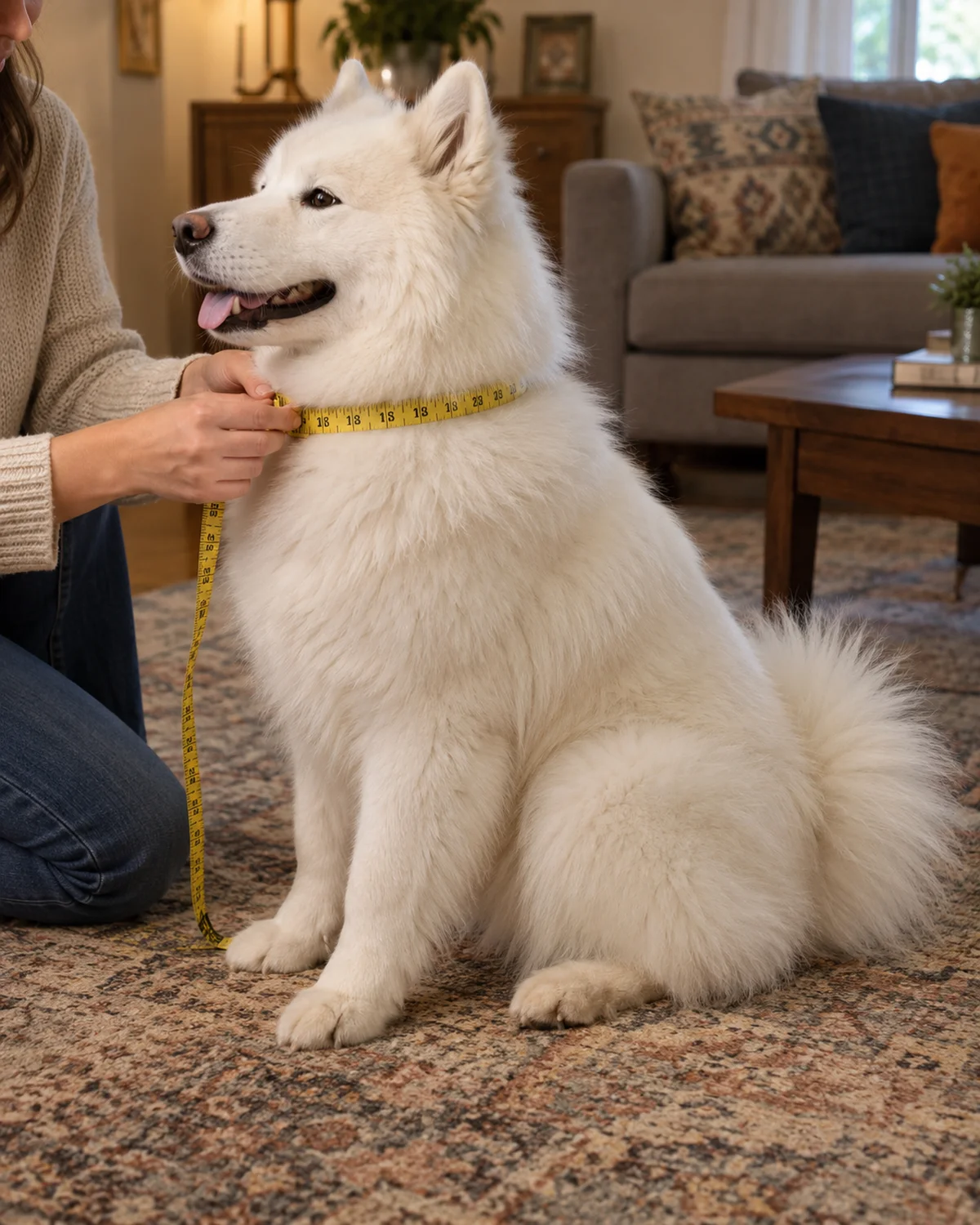 a large fluffy white double-coated dog with erect triangular ears and a smiling fox face sitting on a rug while a person wraps a yellow measuring tape around its neck