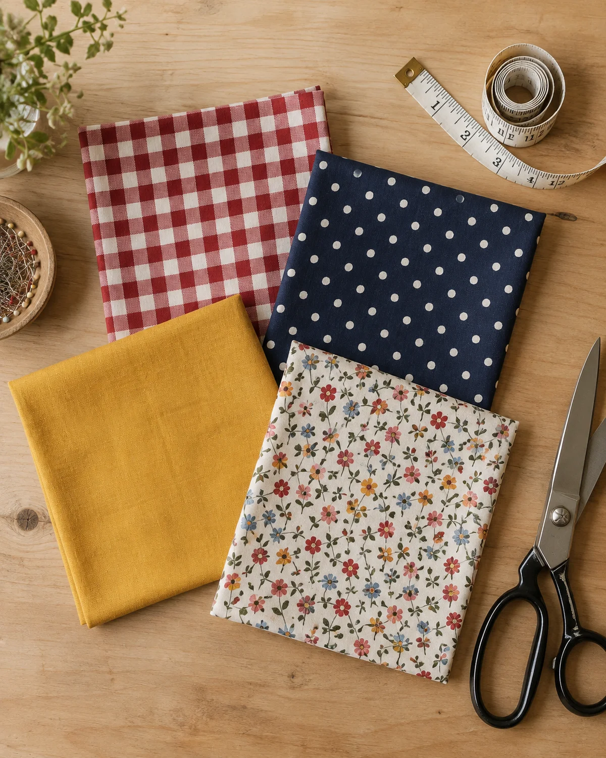 several squares of patterned cotton fabric in gingham, polka dot, solid mustard and small floral laid flat on a light wood table with fabric shears and a measuring tape