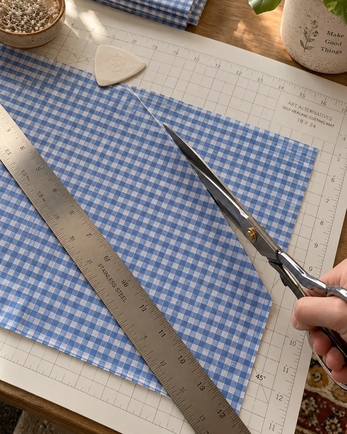 a pair of large fabric shears cutting a blue gingham cotton square diagonally on a white cutting mat with a metal ruler and chalk line visible