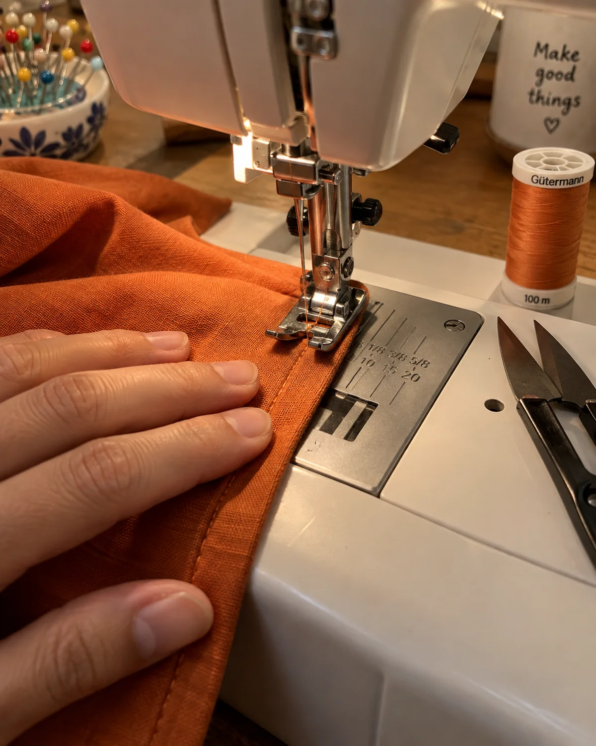 a person's fingers guiding a folded orange cotton fabric edge under a sewing machine presser foot while the needle sews a straight hem line
