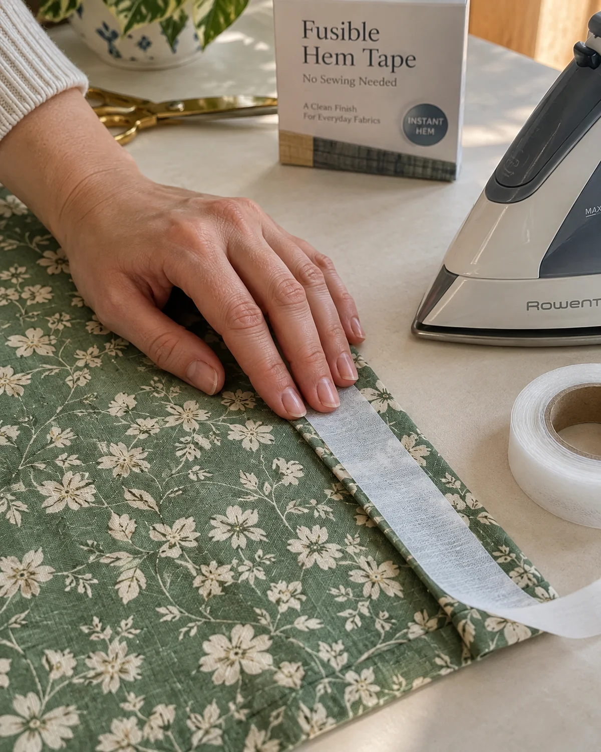 a person's hand pressing a strip of fusible hem tape along the folded edge of a green floral cotton fabric on a light-colored table with an iron nearby