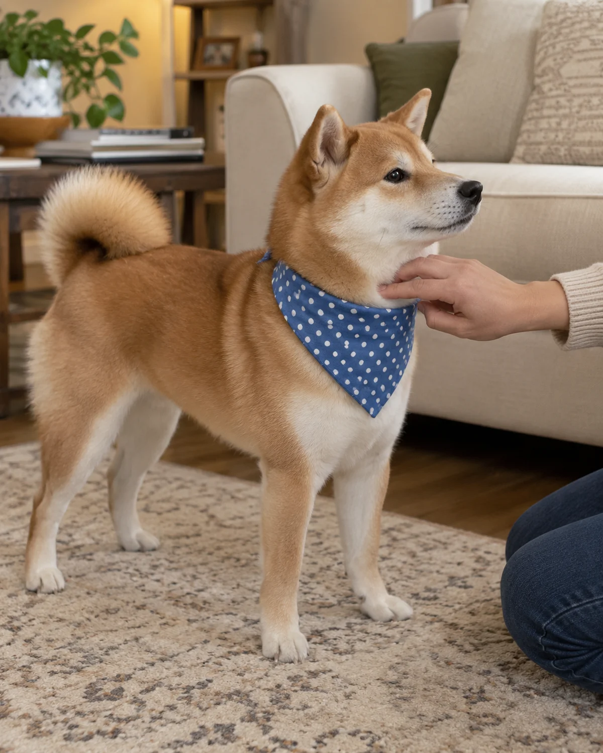 a small compact dog with a thick orange double coat, erect pointed ears, a curled tail and a wedge-shaped face standing beside a cream sofa wearing a blue polka dot bandana while a person slides two fingers between the bandana and neck