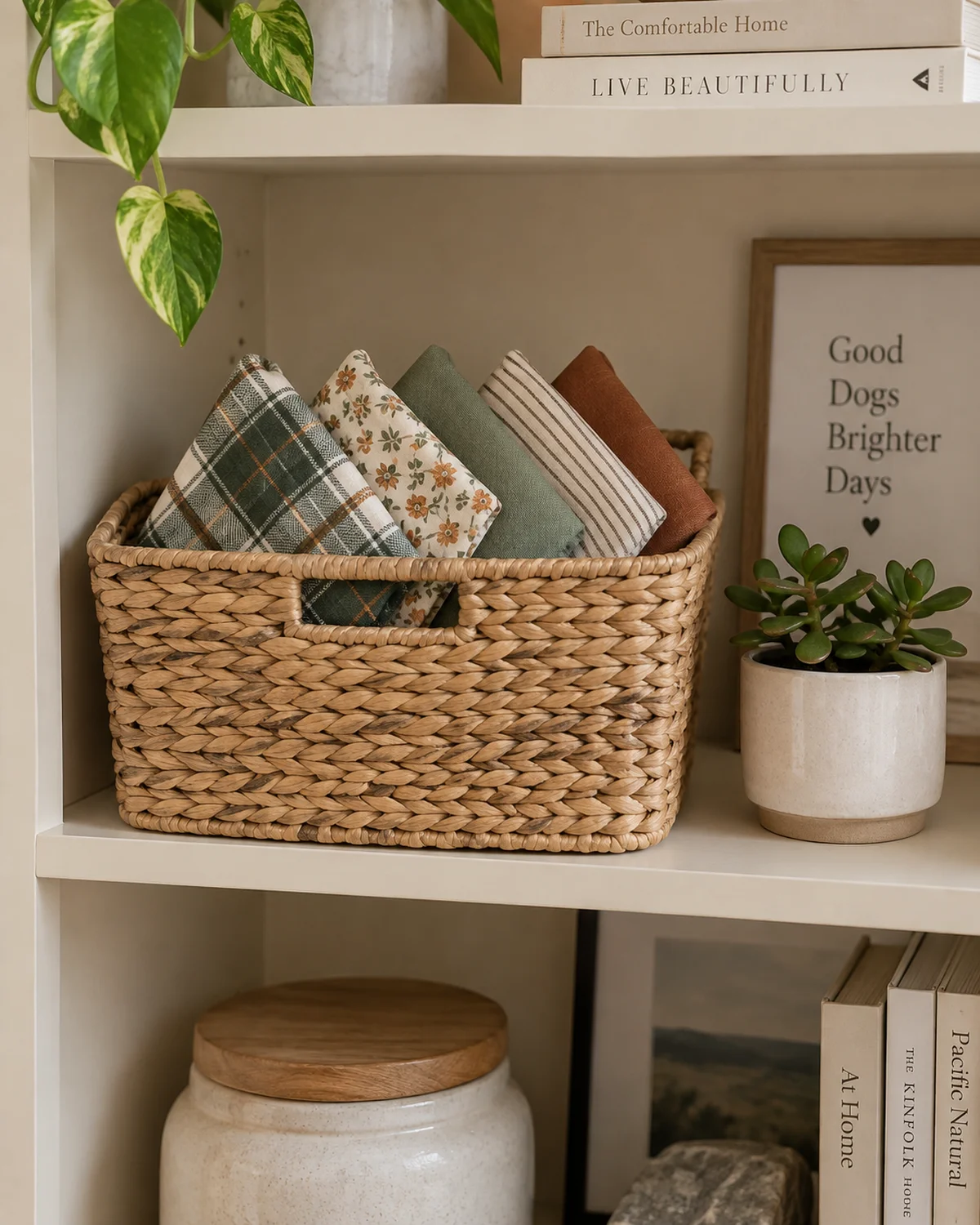 a woven seagrass basket on a cream-colored open shelf holding four neatly folded dog bandanas in different patterns with a small potted succulent beside it