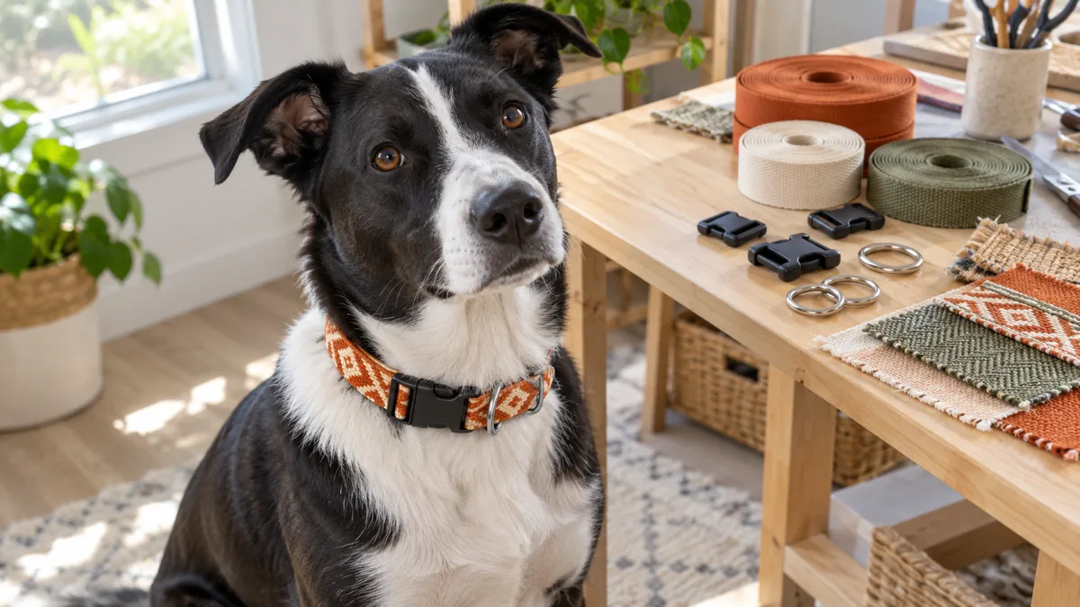 a medium athletic black-and-white dog with semi-erect ears sitting beside a bright craft table wearing a handmade burnt-orange fabric collar with a side-release buckle, rolls of webbing and hardware on the table behind