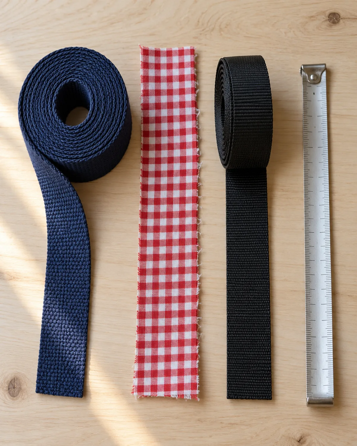 three craft materials for making a dog collar laid flat on a pale wood table — a roll of dark-navy woven cotton webbing, a strip of red gingham cotton fabric, and a coil of black nylon strap, with a silver metal measuring tape to the right