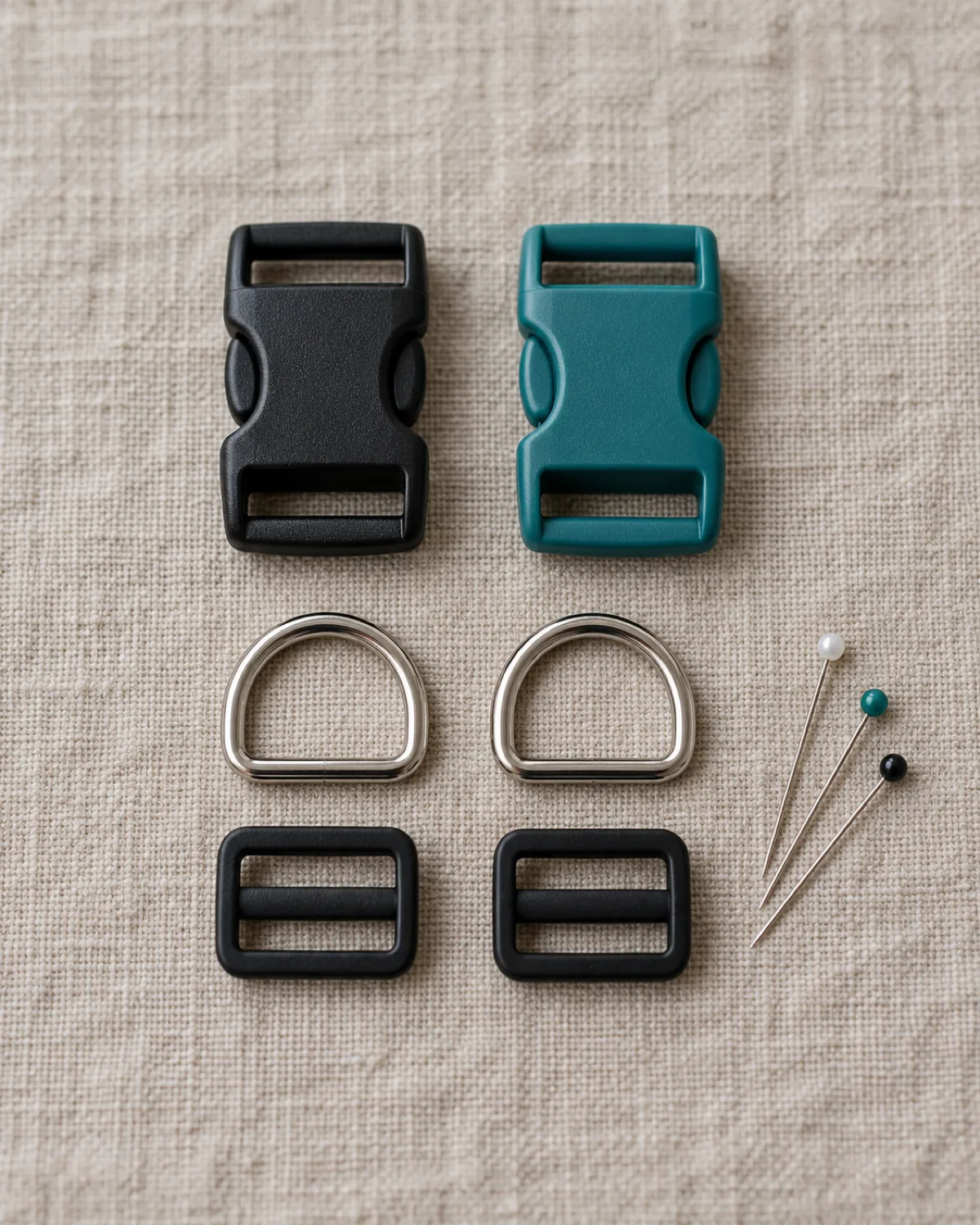 flat lay on natural linen fabric of dog collar hardware: two plastic side-release buckles, two silver D-rings, two black triglide slides, and several straight pins