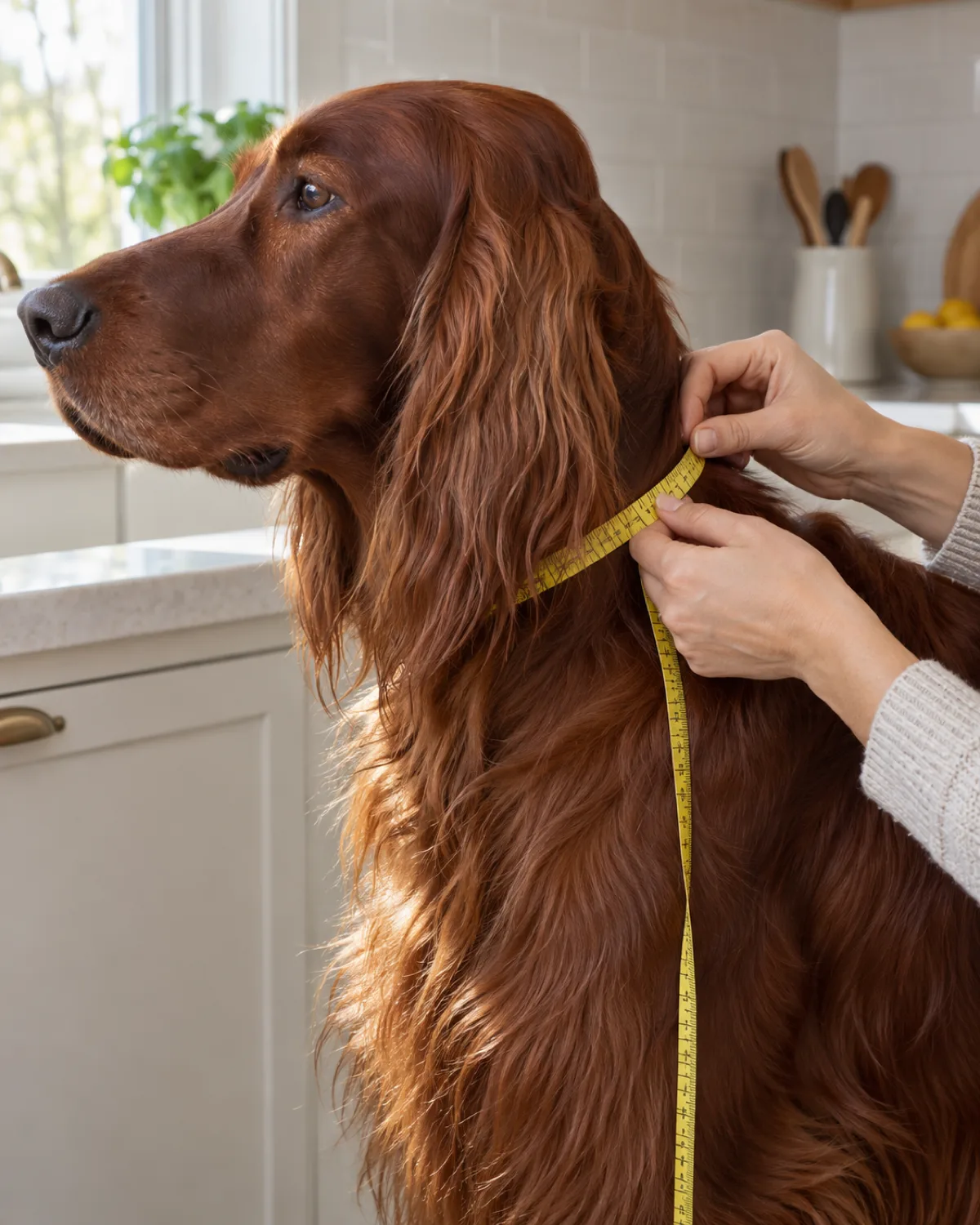 a person holding a yellow fabric measuring tape around the neck of a large lean dog with a solid deep mahogany-red long silky feathered coat and long floppy ears, standing calmly in a bright kitchen