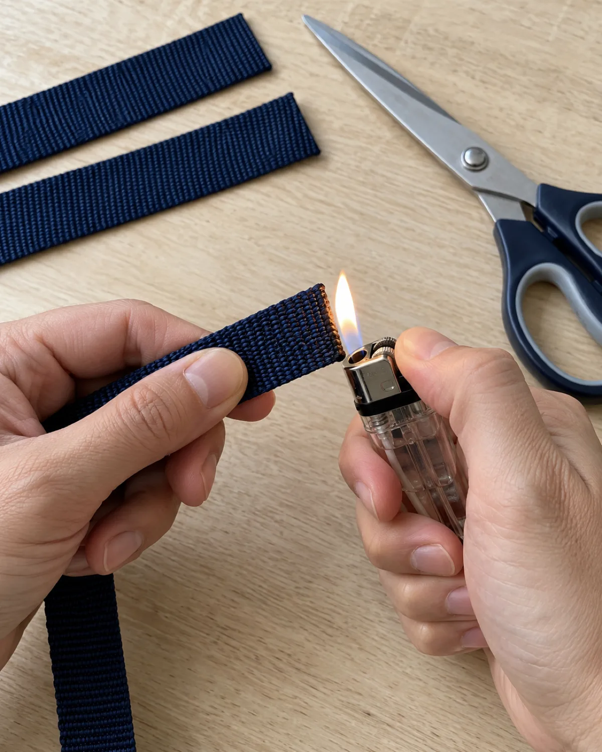 hands holding a clear lighter with a small flame touching the cut end of dark-navy nylon webbing on a pale wood work surface, with scissors and two pre-cut webbing strips nearby