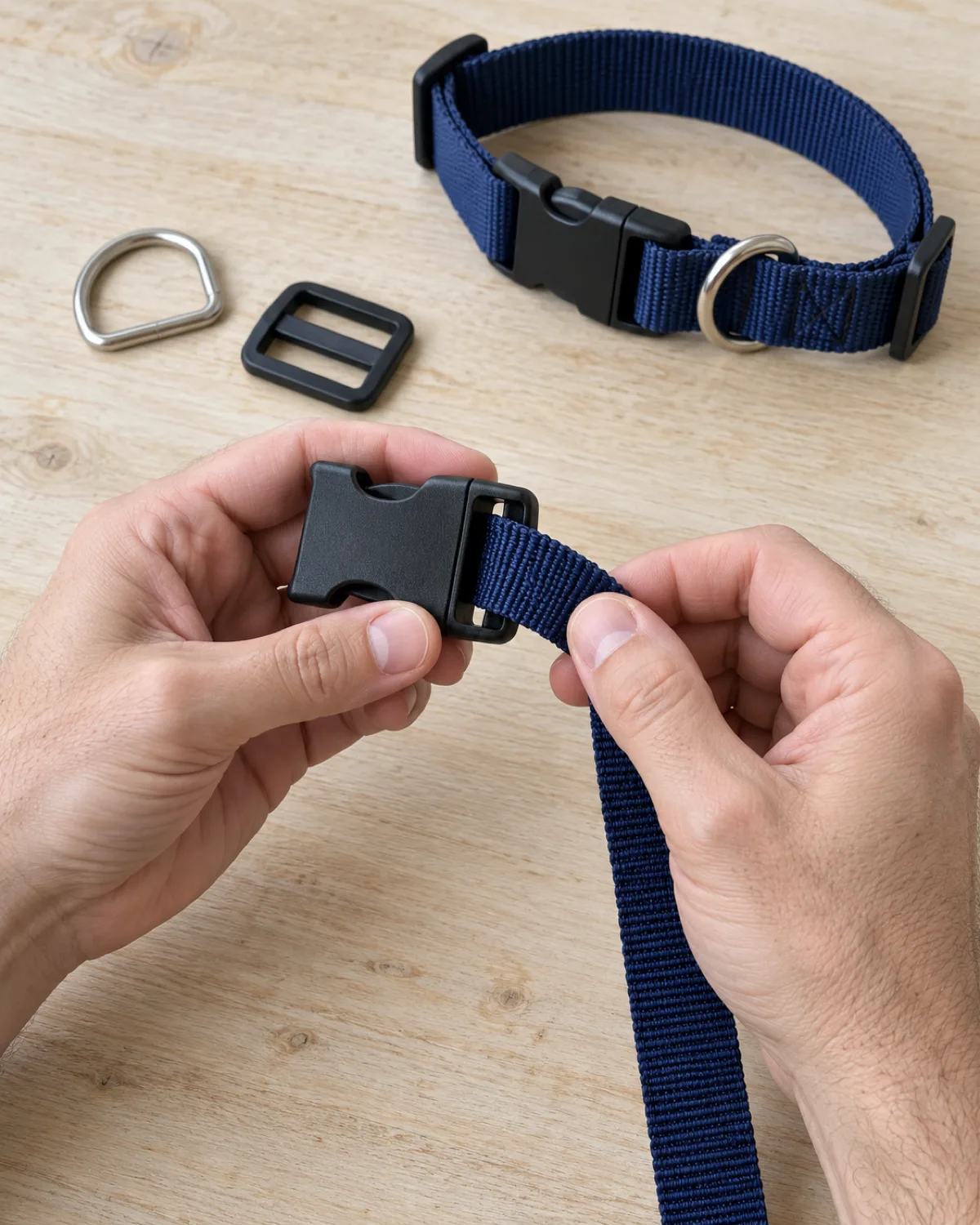 hands threading dark-navy webbing through a black plastic side-release buckle on a pale wood table, with a silver D-ring and black triglide slide nearby