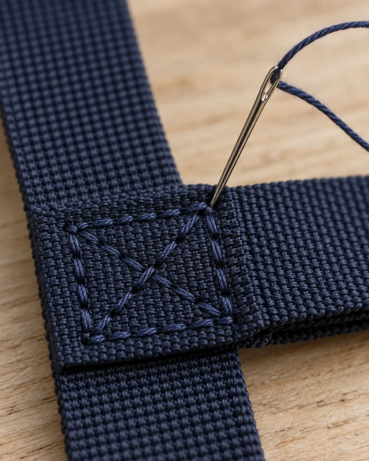 extreme close-up macro shot of a sewing needle with dark-navy thread through layered dark-navy webbing showing a neat box-stitch pattern with an X through a square of stitches