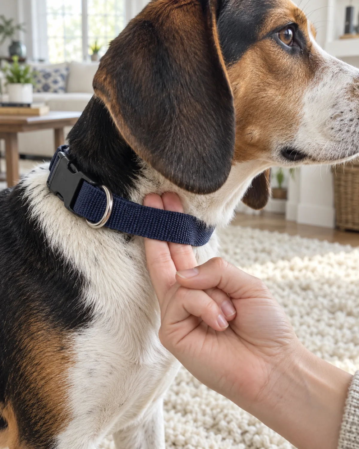 a side close-up of a small tricolor hound with long floppy ears standing calmly on a cream rug in a bright living room, wearing a new handmade dark-navy webbing collar, with two fingers slipped between the collar and the dog's neck
