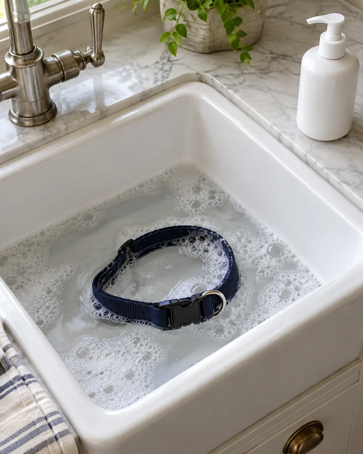 a 45-degree overhead shot of a white ceramic farmhouse sink with a handmade dark-navy webbing dog collar soaking in sudsy water, a bottle of mild soap on the pale marble countertop beside it