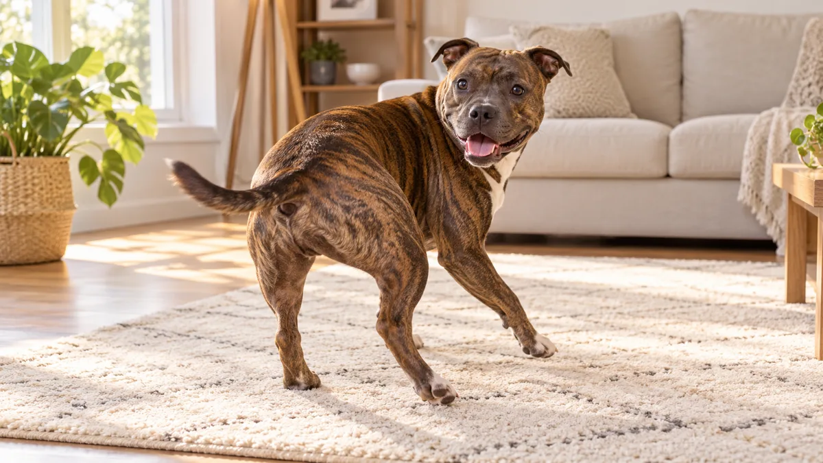 a medium brindle muscular dog mid-spin on a cream area rug in a bright living room with warm sunlight and a beige sofa