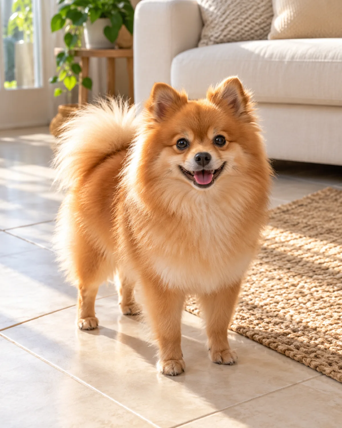 a small fluffy orange-red dog with a fox-like face and erect pointed ears standing alert on pale tile in a sunny living room with a jute rug