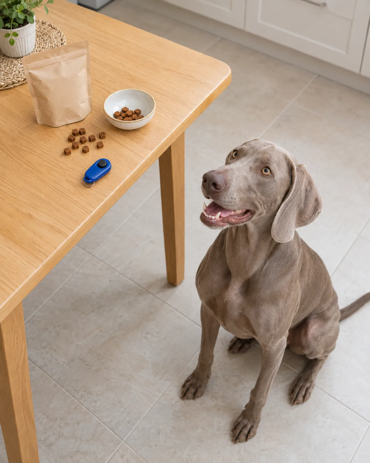 a large silver-grey short-coated dog sitting beside a wooden table with training treats in a bowl and a blue clicker