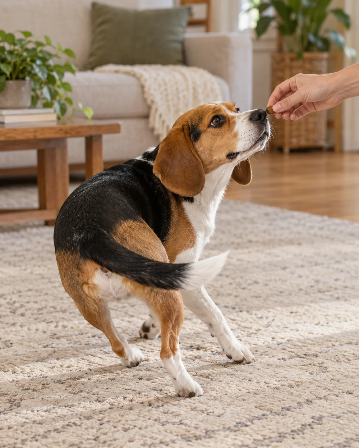 a medium tricolor hound following a treat held at nose level by a human hand on a cream area rug mid-turn