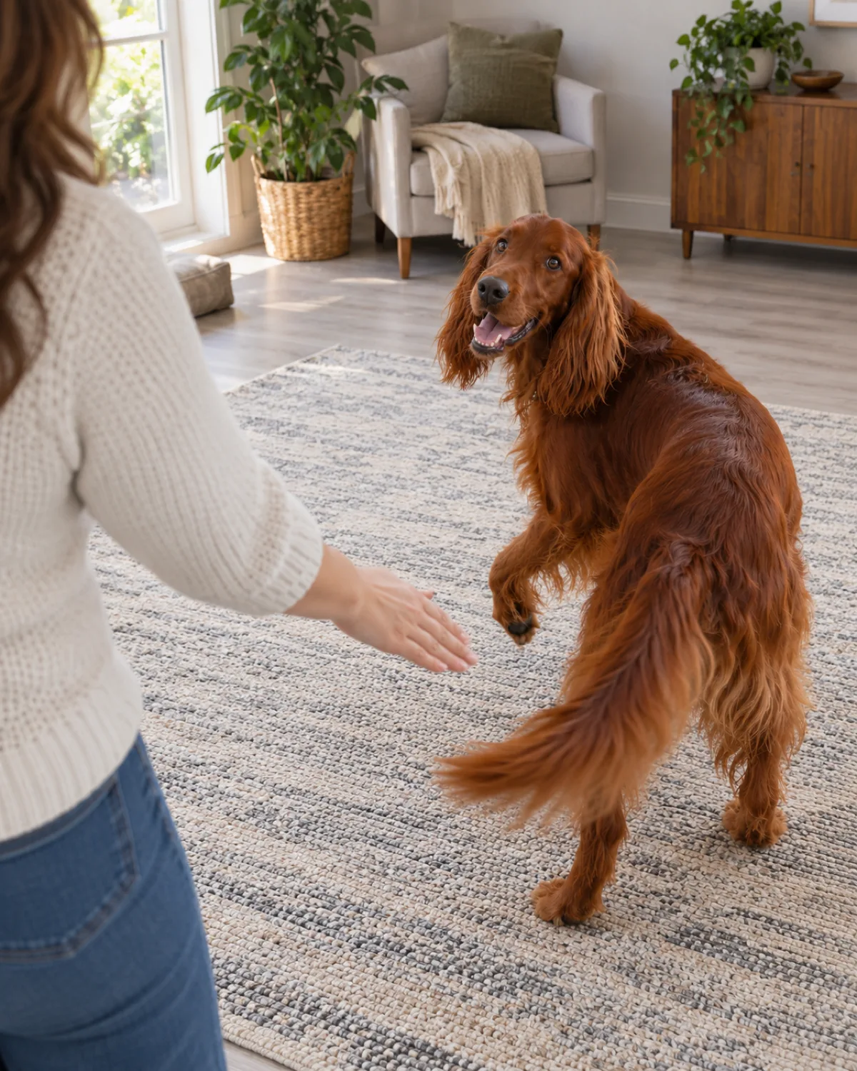 a large deep-red silky long-coated dog mid-spin following an empty hand gesture with a human visible from behind