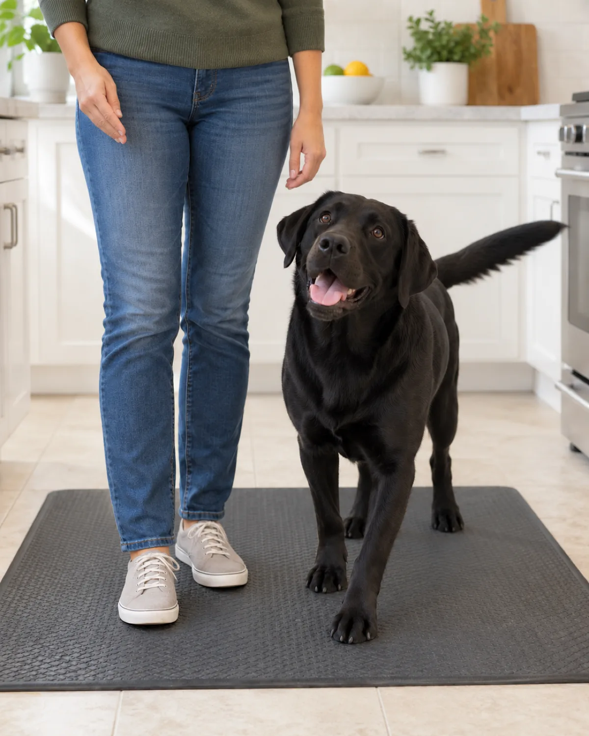 a medium solid-black short-coated dog completing a spin on a rubber mat in a kitchen while a person makes a small wrist rotation gesture